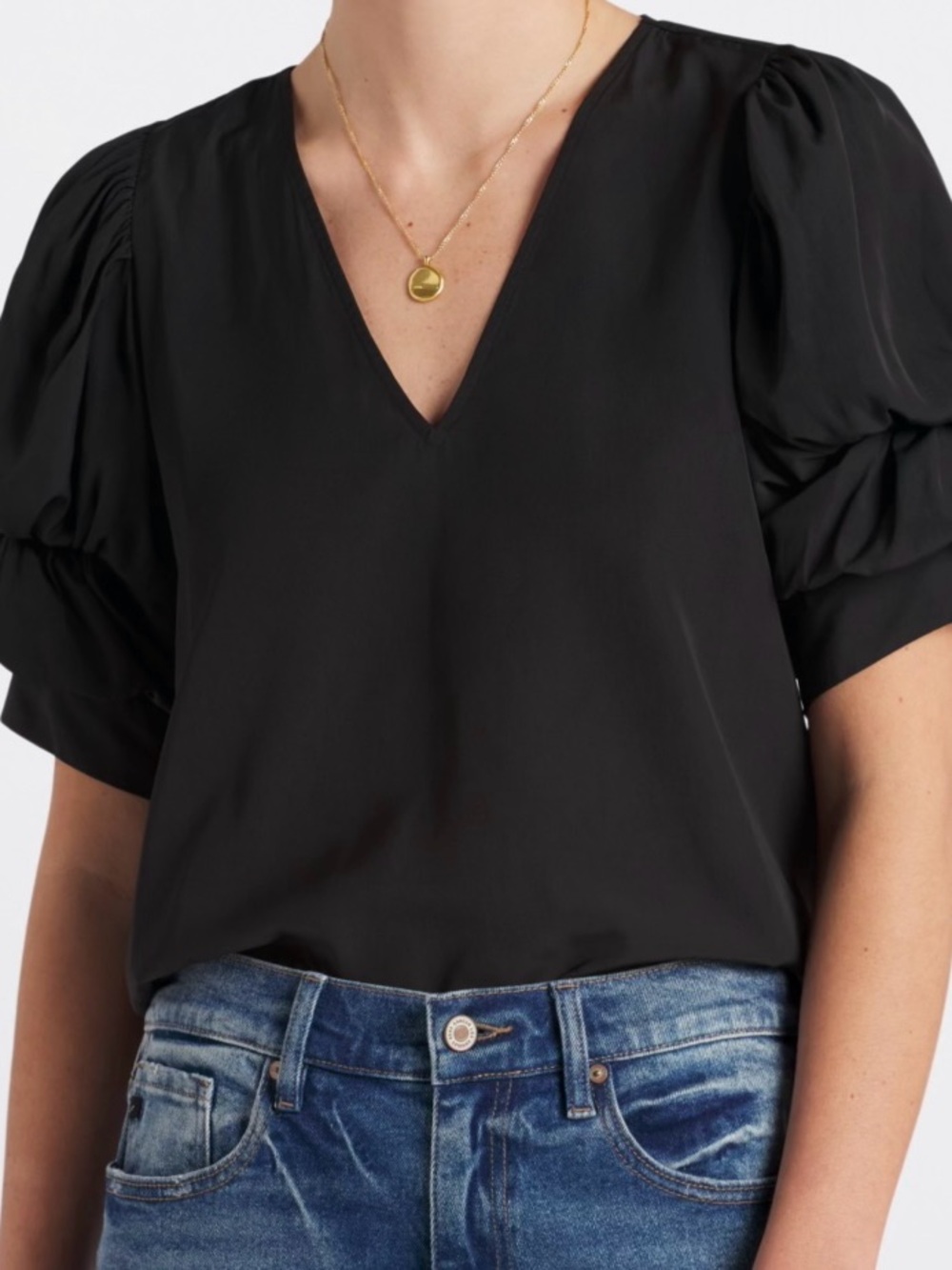 1. State Black V-Neck Puff Sleeve Blouse